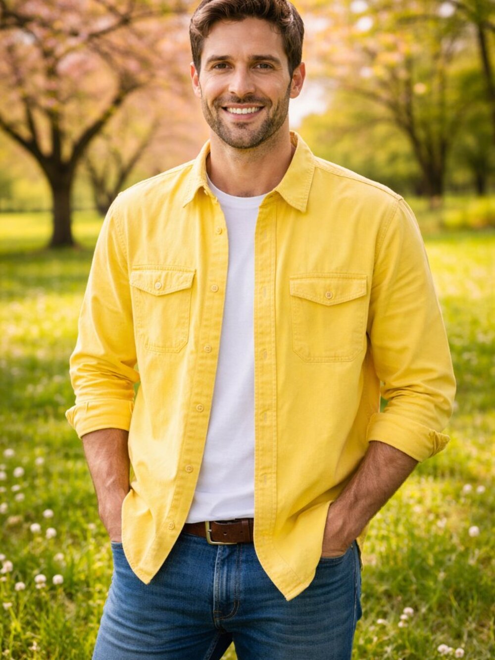 Land’s End Corduroy Shirt Men M Yellow Button Front Long Sleeve Casual Cotton